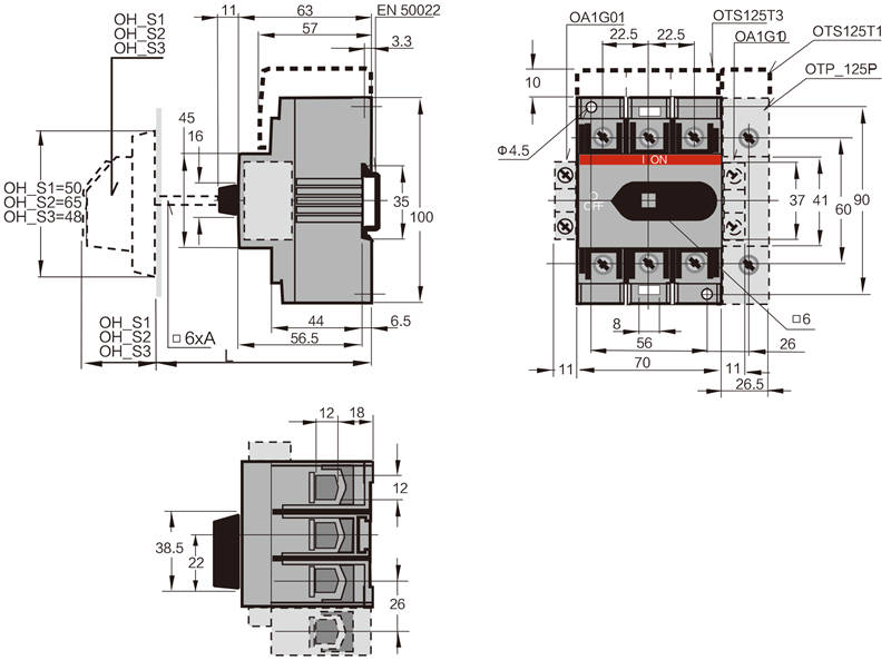 Interruptor aislador de carga de 3 polos 40A 63A 80A 100A 125A serie WOT